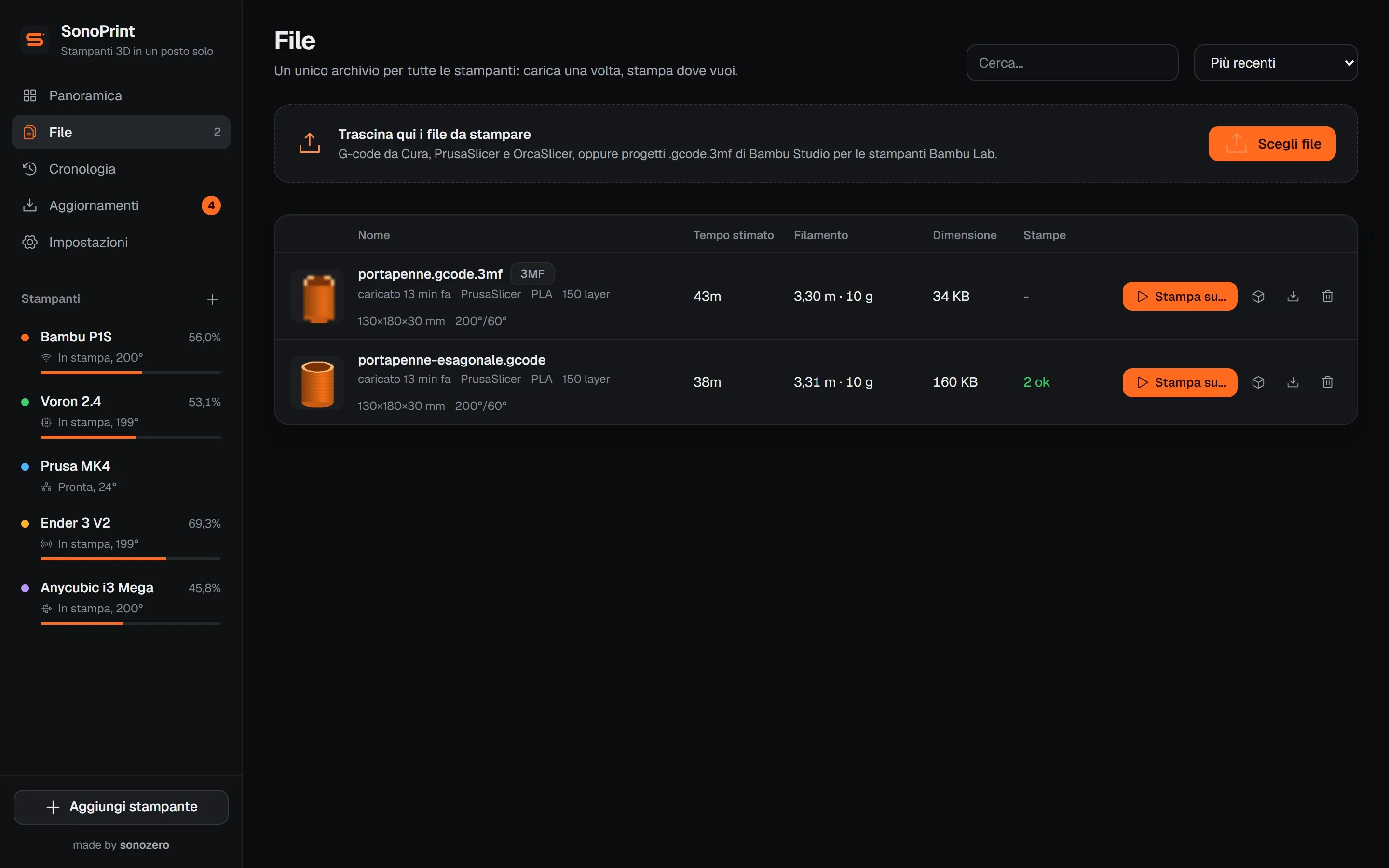La pagina File con un G-code e un progetto 3MF, con miniature e stime.