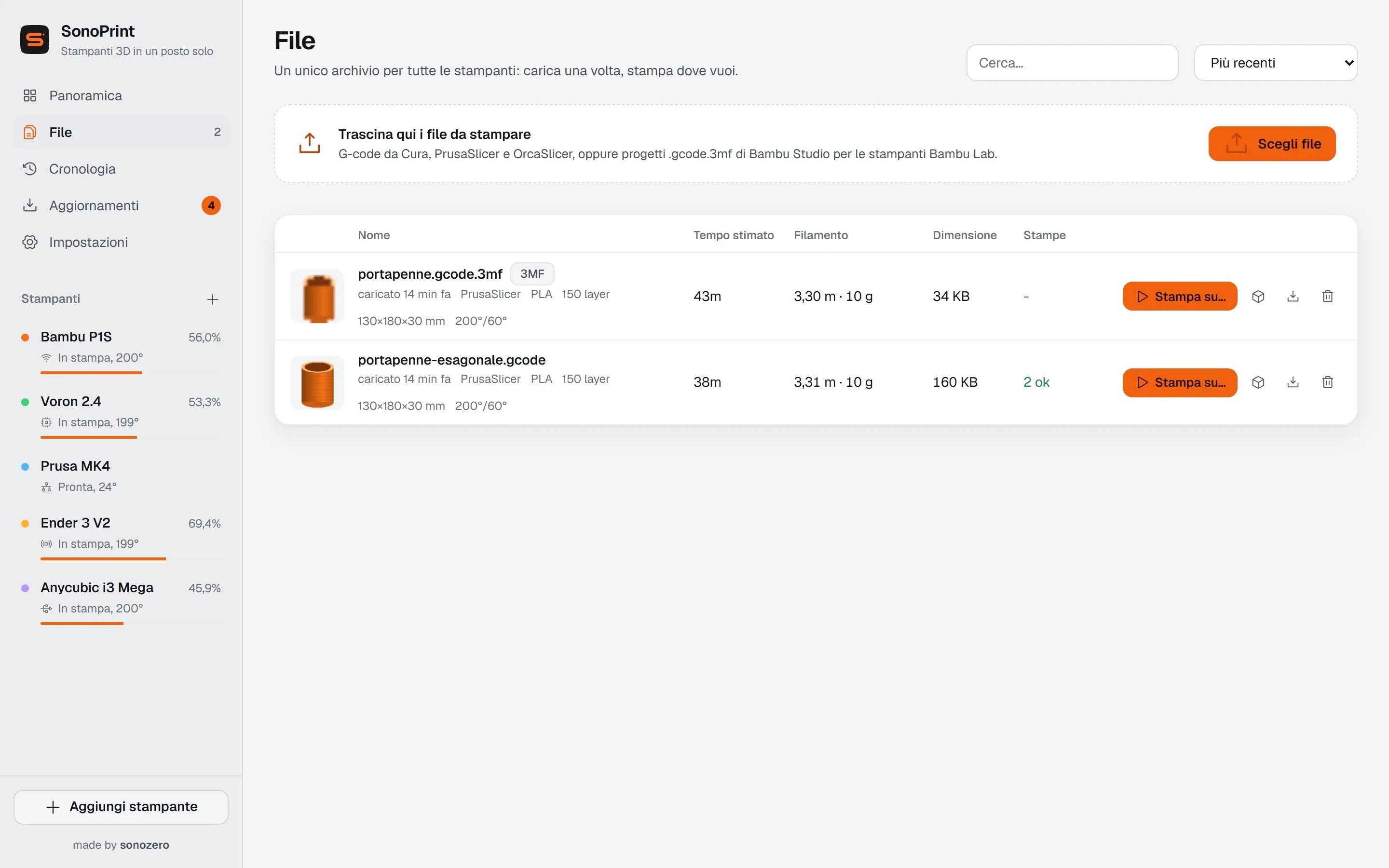 La pagina File con un G-code e un progetto 3MF, con miniature e stime.