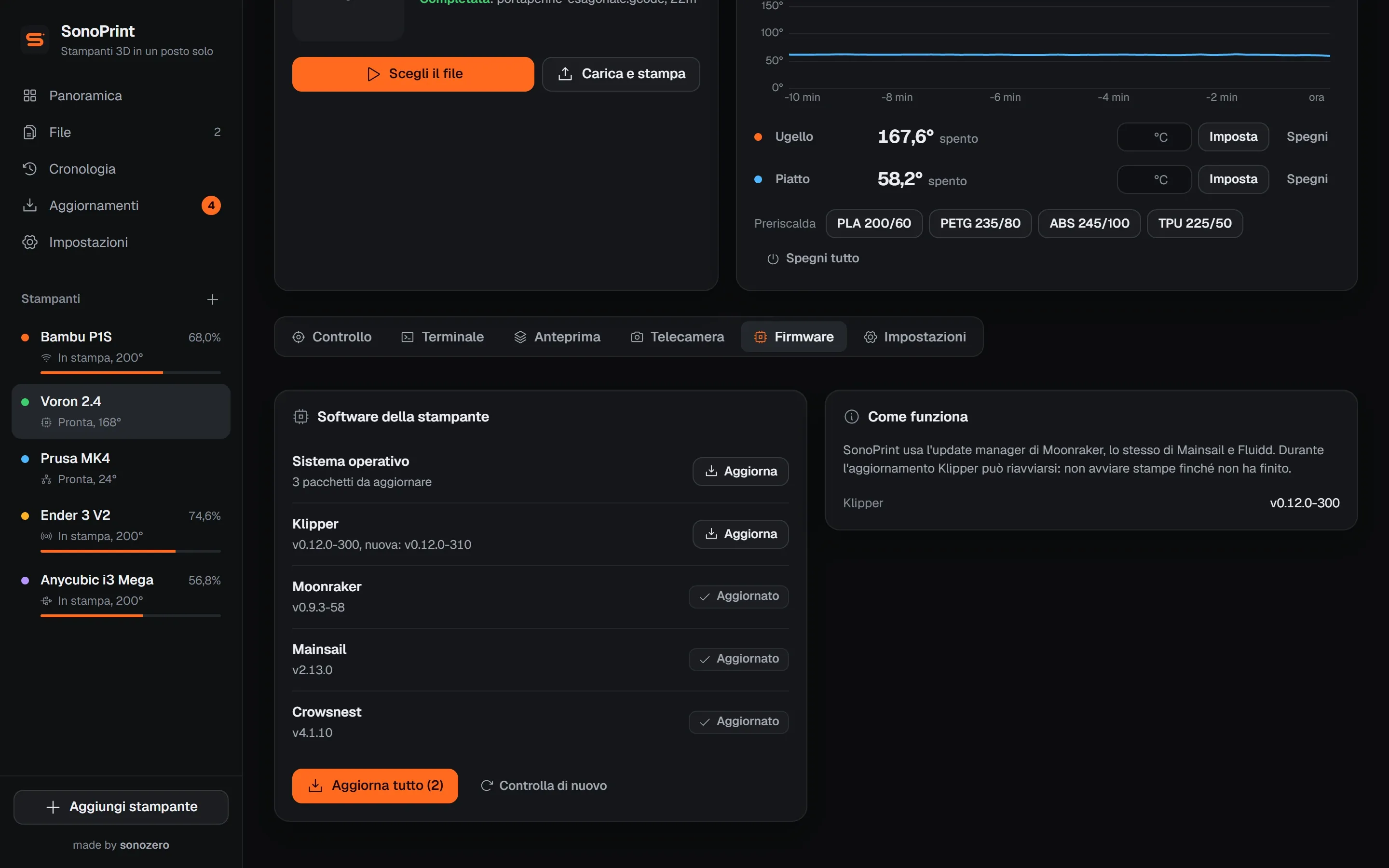 La scheda Firmware di una stampante Klipper con i componenti e un aggiornamento disponibile.