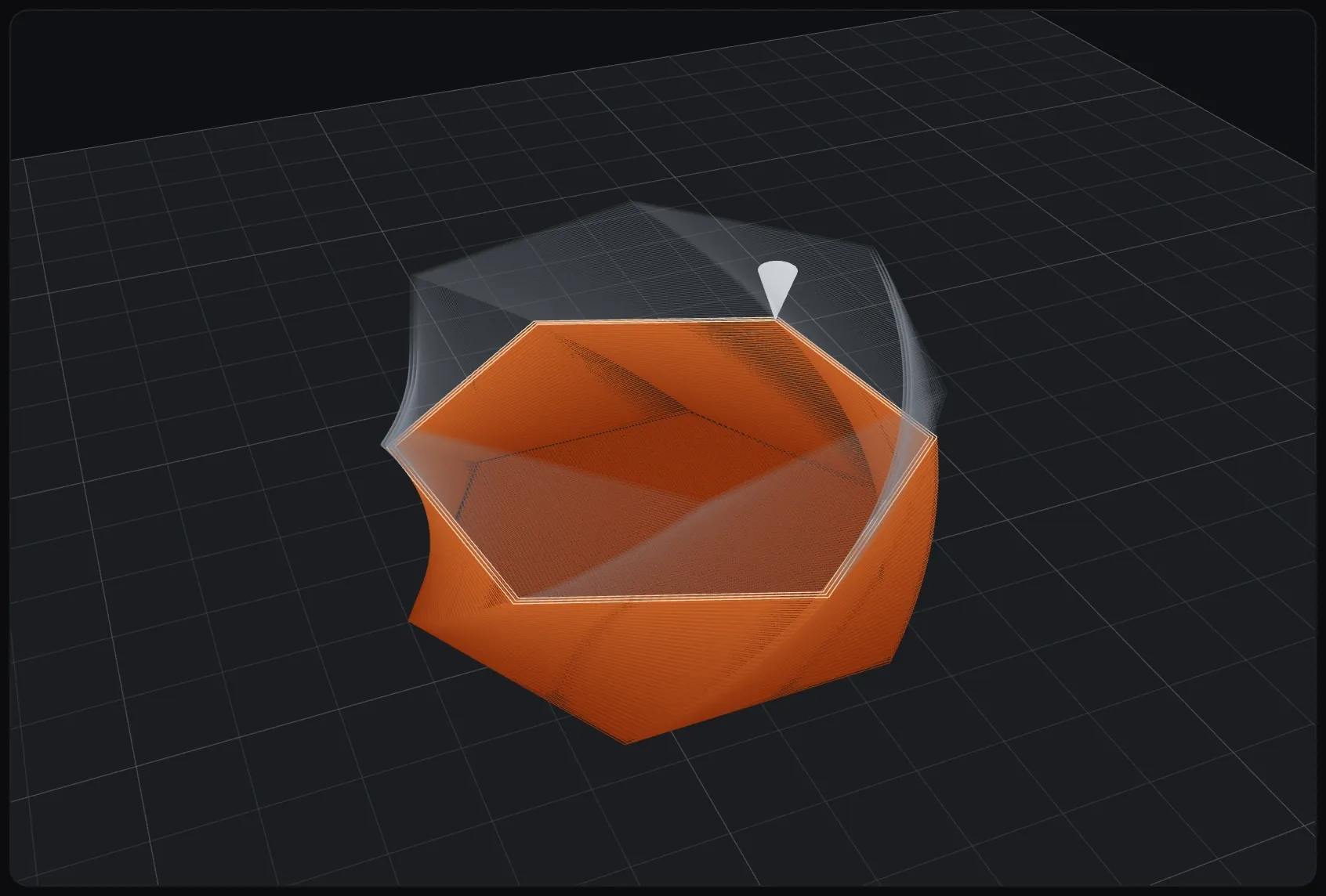 Anteprima 3D di un portapenne sul piatto: la parte già stampata in arancione, il resto in trasparenza.