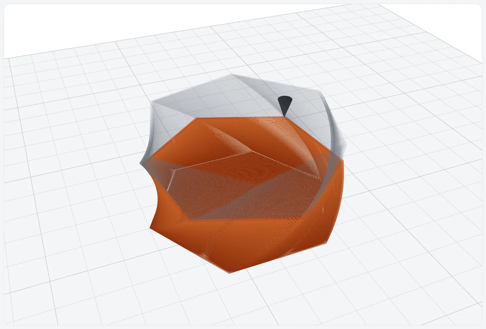 Anteprima 3D di un portapenne sul piatto: la parte già stampata in arancione, il resto in trasparenza.