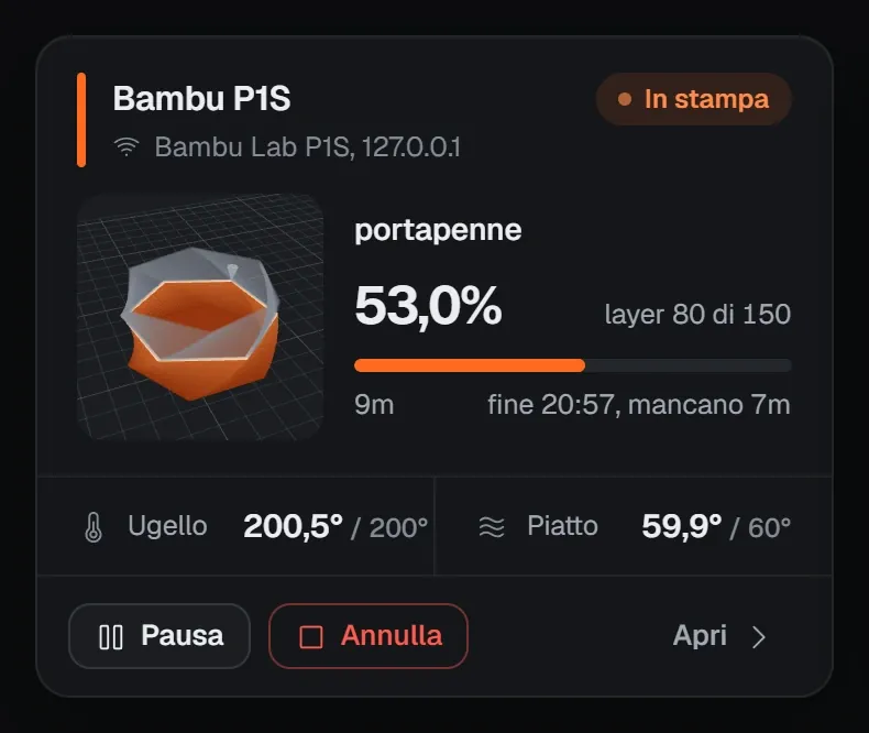 La scheda di una stampante in stampa, con avanzamento e ora di fine.