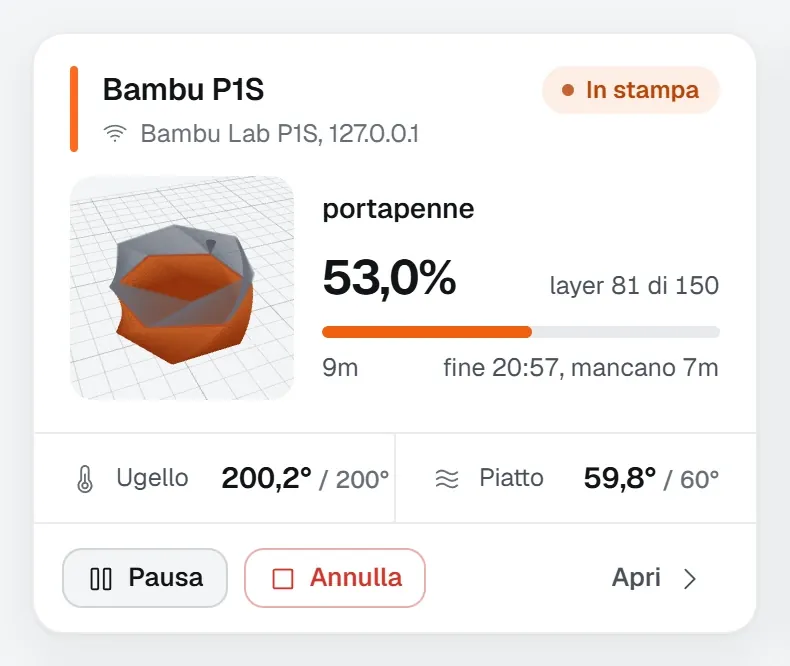La scheda di una stampante in stampa, con avanzamento e ora di fine.